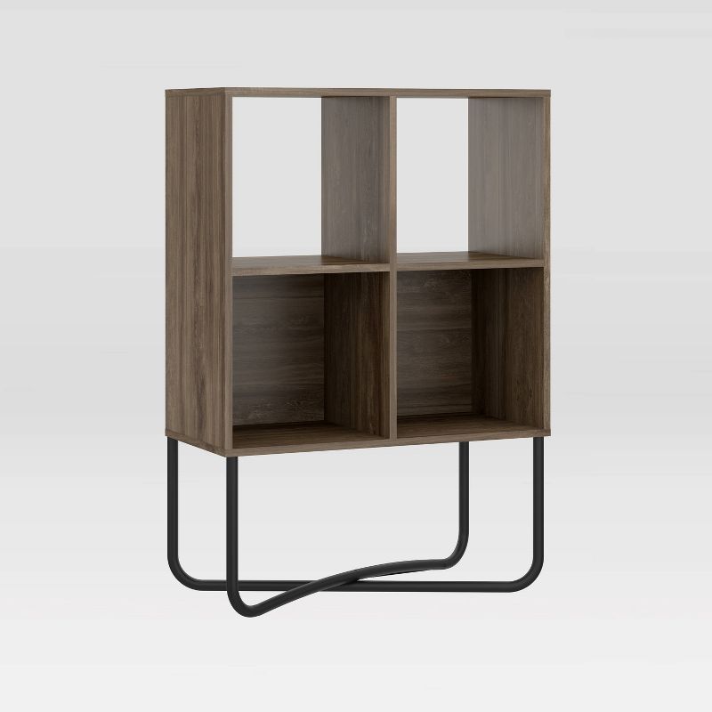 Modern Symmetrical 2-Tier Walnut Bookcase with Steel Cross-Legs