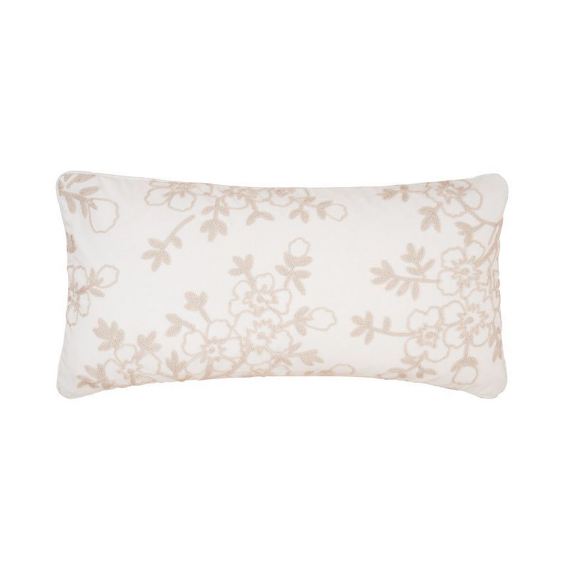 Ella 12" x 24" Beige Floral Embroidered Cotton Throw Pillow