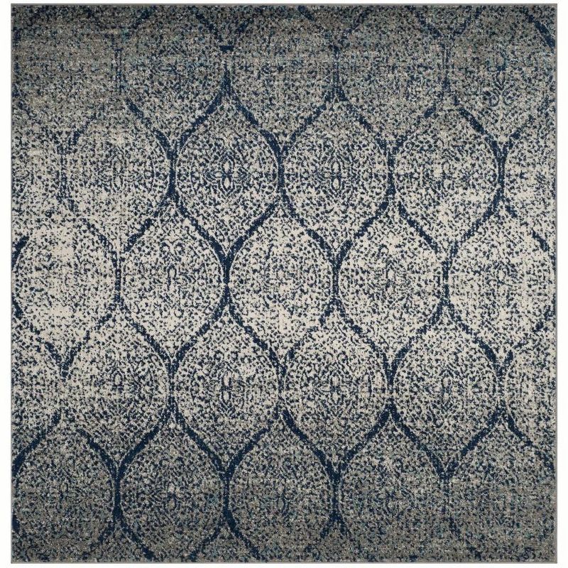Navy and Silver Damask Square Synthetic Area Rug