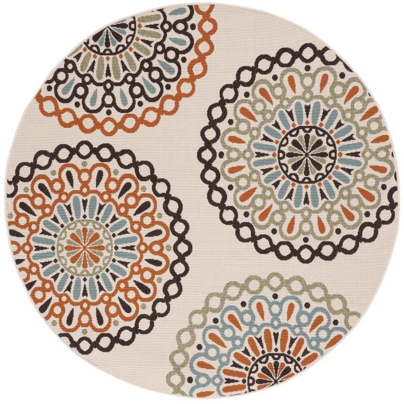 Cream and Terracotta Round Reversible Synthetic Rug