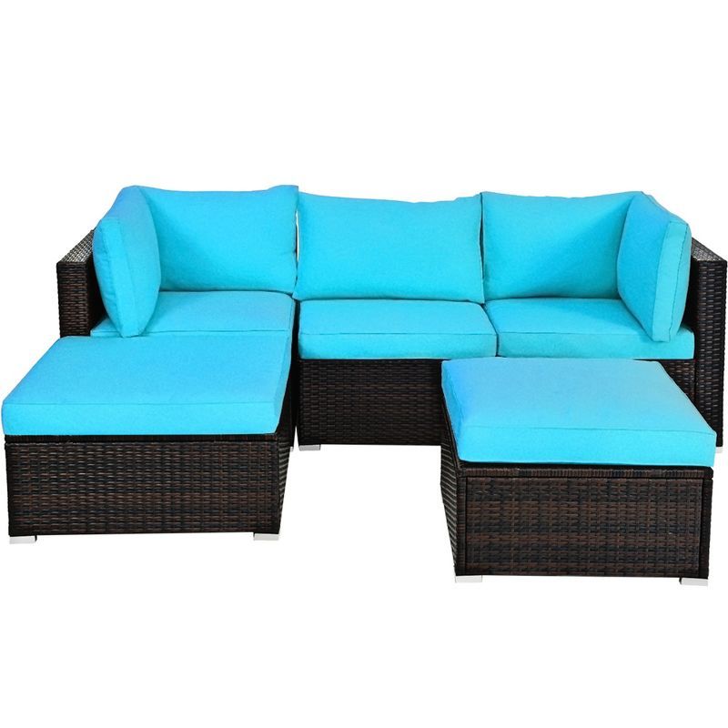 5-Piece Turquoise Cushioned Rattan Patio Sectional Sofa Set