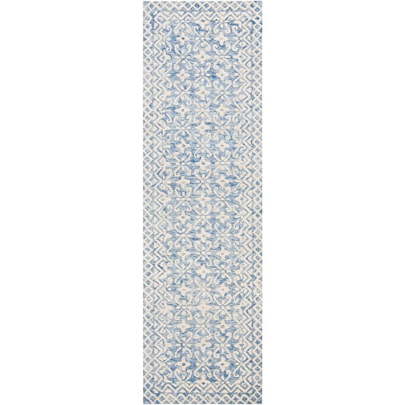 Hand-Tufted Blue Ivory Floral Wool Runner Rug 27" x 84"