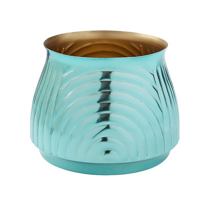 Small Ribbed Turquoise Metal Planter with Drainage Hole