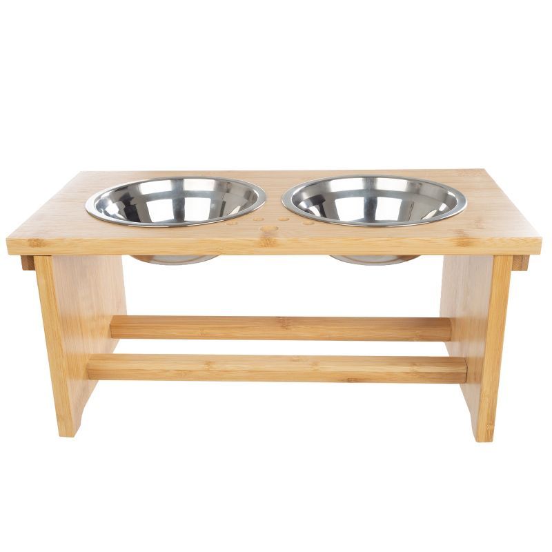 Elevated Bamboo Dog Feeding Station with Stainless Steel Bowls