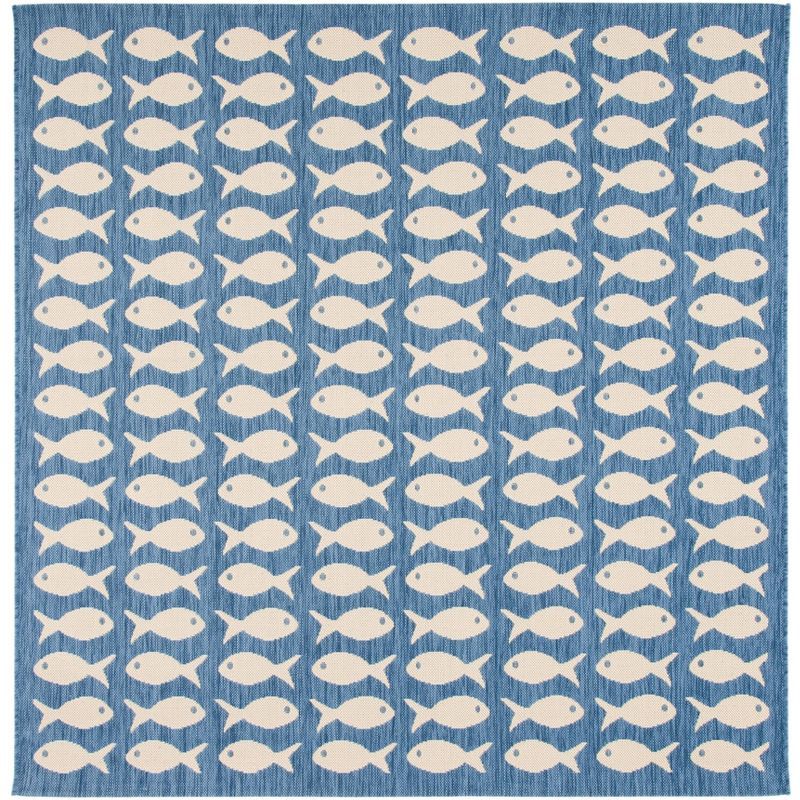 Blue and Beige Square Fish Pattern Indoor/Outdoor Rug