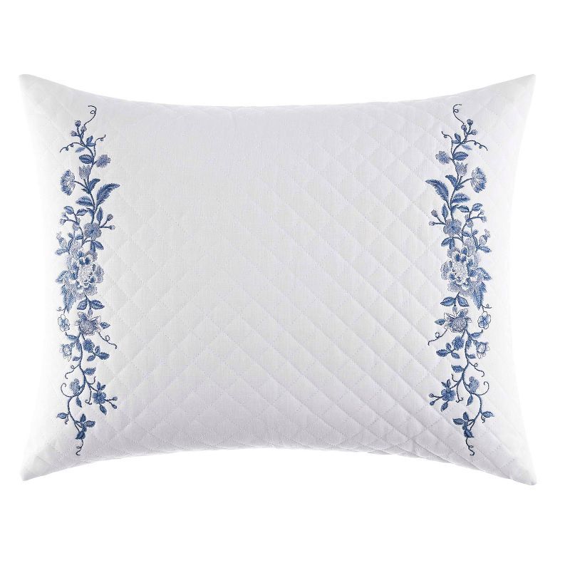 Charlotte Blue and White Embroidered Cotton Linen Pillow