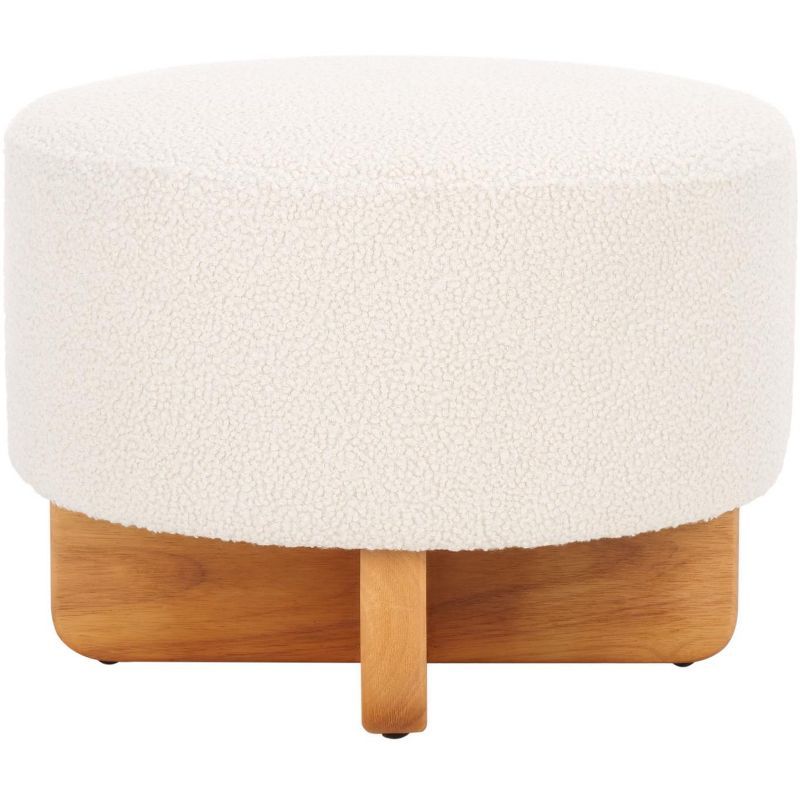 Riah Off White Boucle Round Ottoman with Natural Wood Base