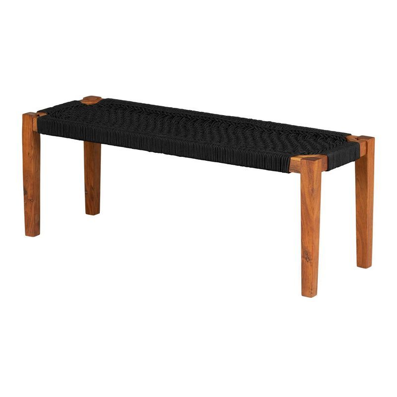 Black and Natural Wood Entryway Bench with Woven Seat