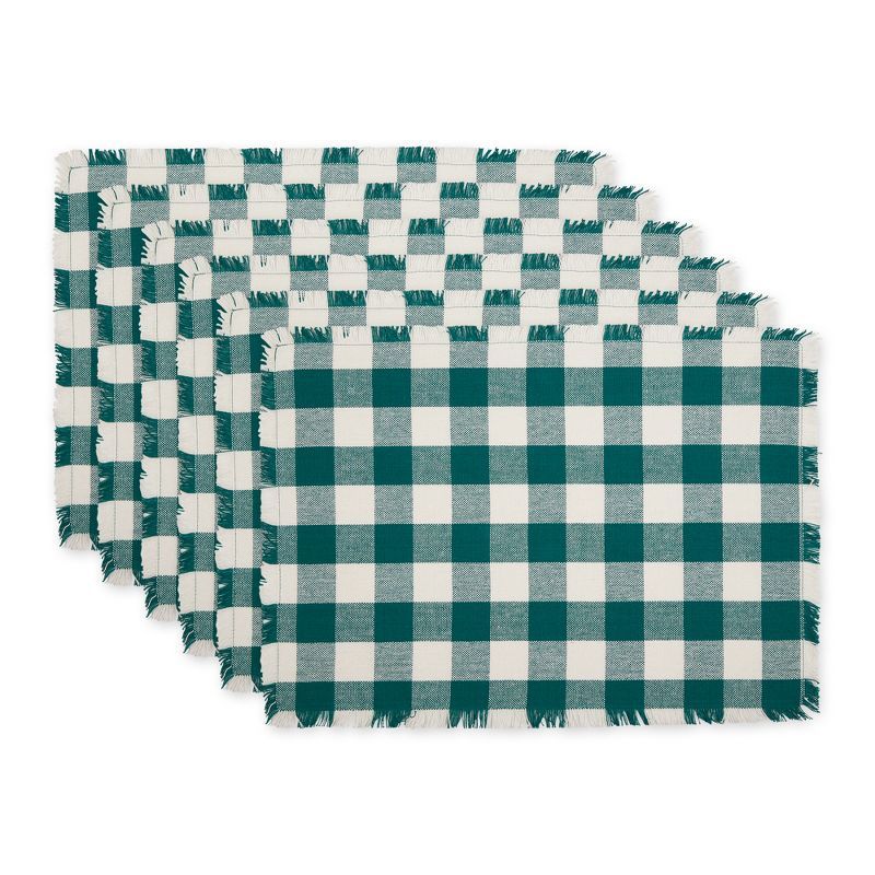 Teal and White Cotton Checkered Fringed Placemat Set of 6
