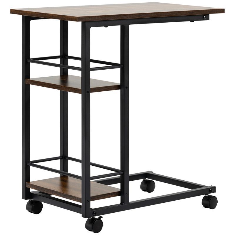 Rustic Brown C-Shaped Sofa Side Table with Storage Shelves