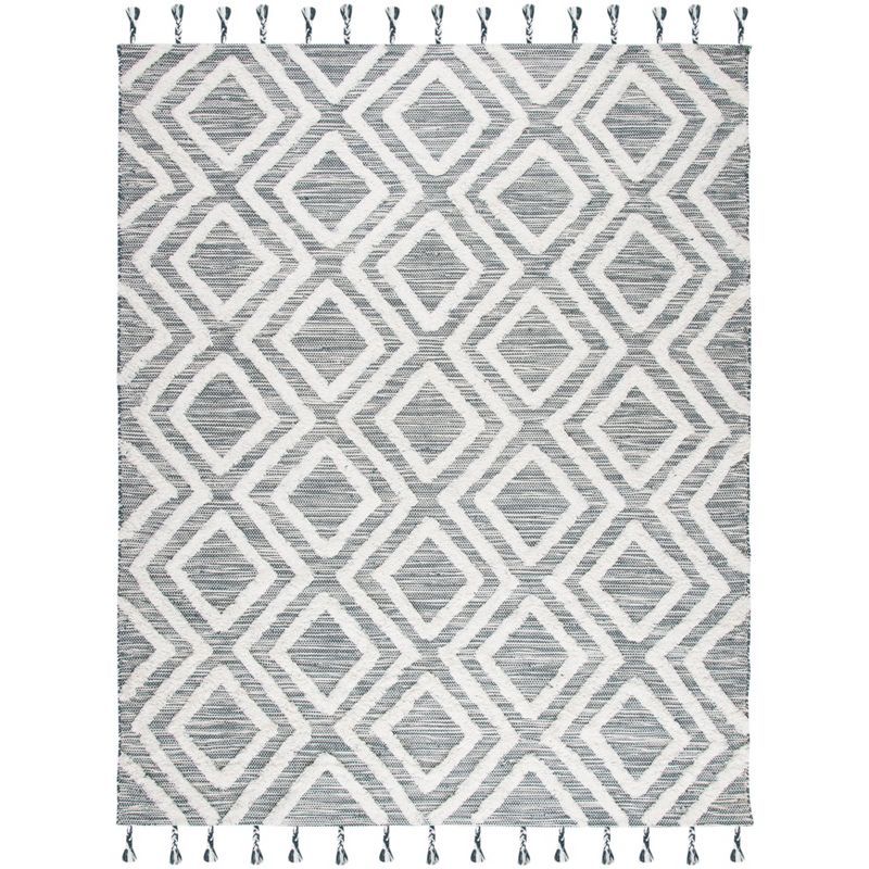 Ivory and Teal Geometric Hand-Knotted Wool Area Rug, 8' x 10'