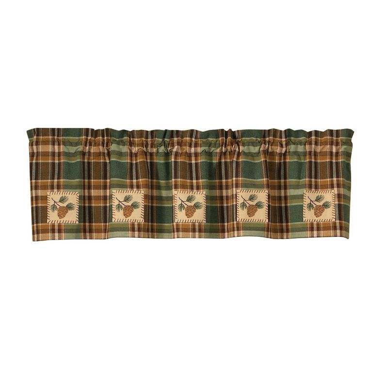 Green and Brown Plaid Cotton Valance with Pinecone Patches