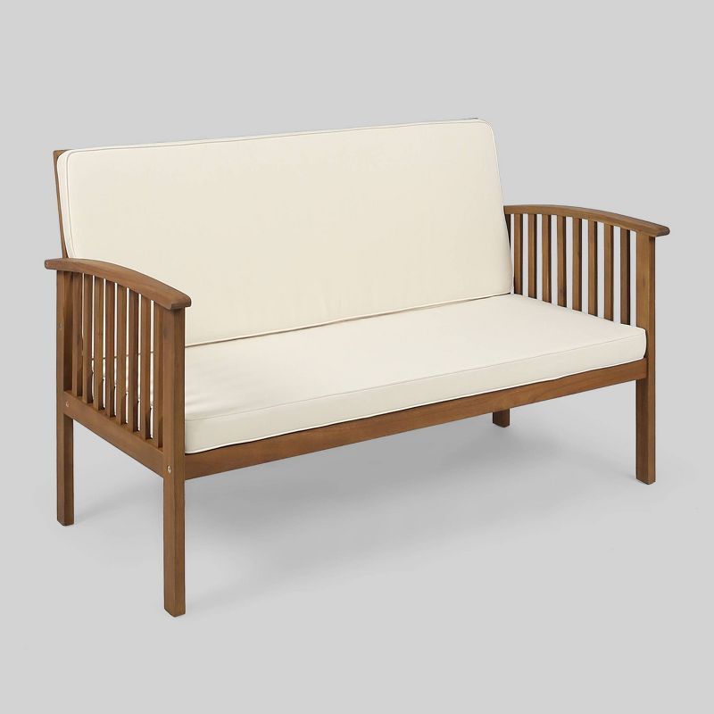 Grace Outdoor Acacia Wood Loveseat with Cream Cushions