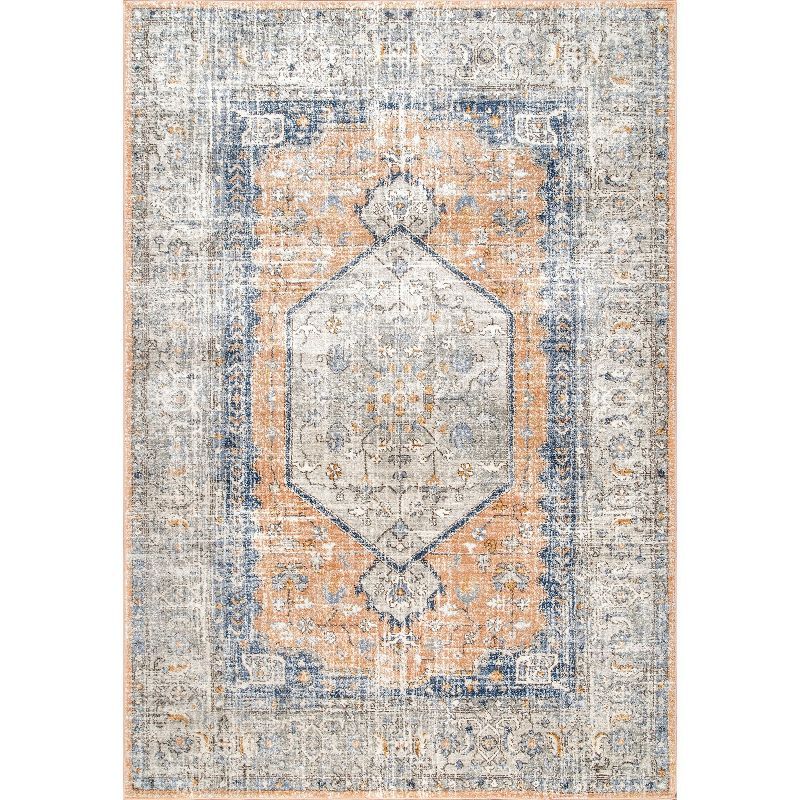 Vintage Orange and Blue Floral Square Area Rug