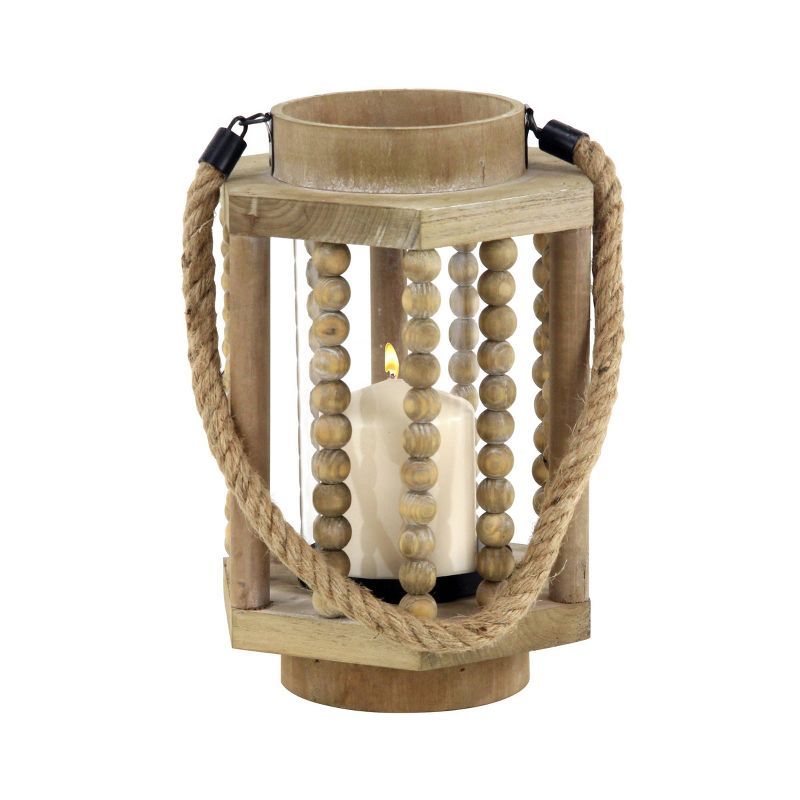 Beige Beaded Wood Hurricane Candle Lantern with Rope Handle - 11" x 8"