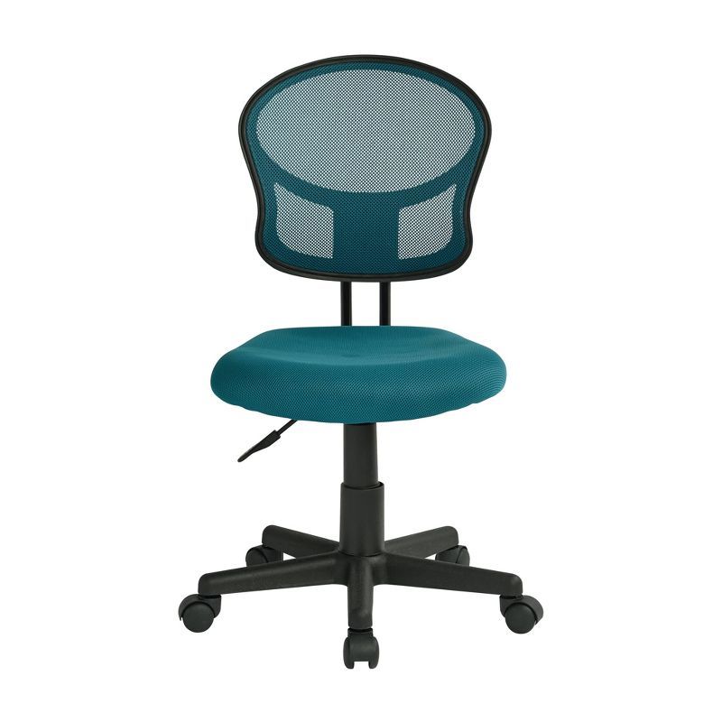Armless Blue Mesh and Wood Swivel Task Chair