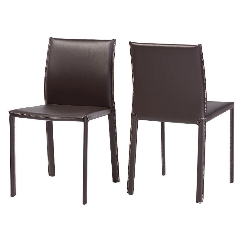 Brown Leather Upholstered Parsons Side Chair with Metal Frame, Set of 2