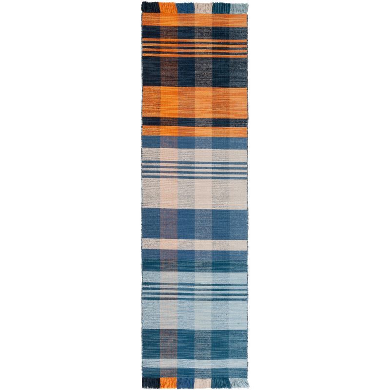 Handmade Blue and Orange Striped Wool Runner Rug