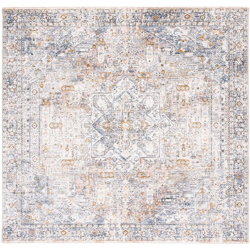 Ivory and Blue Square Oriental Synthetic Area Rug