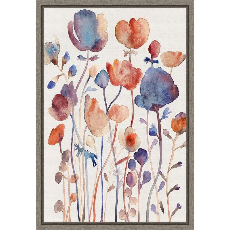 Wild Flowers Abstract Watercolor Canvas Wall Art in Gray Frame