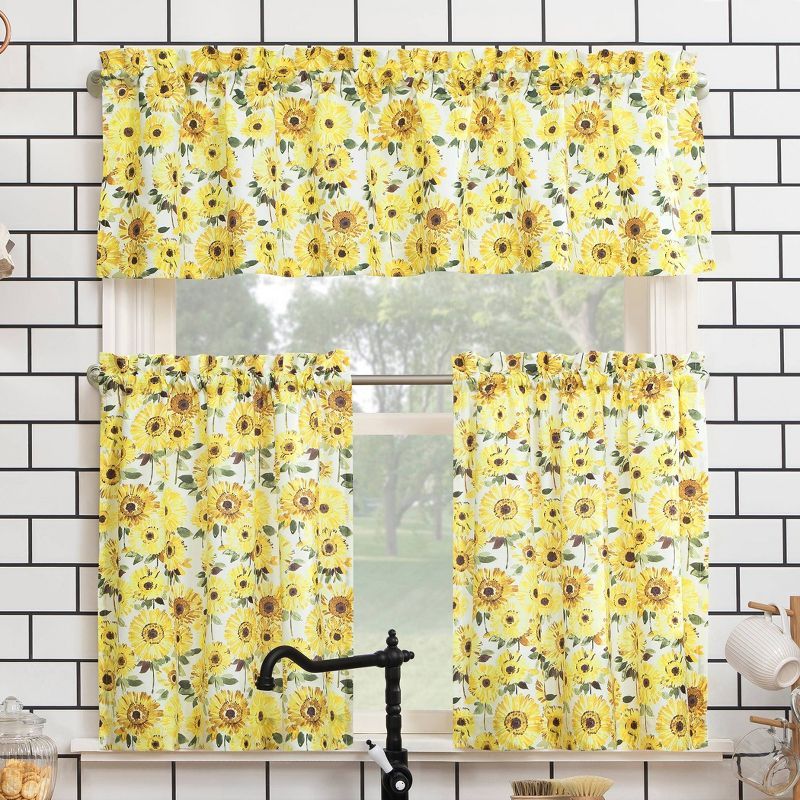 Yellow Sunflower Print Semi-Sheer Rod Pocket Kitchen Curtain Set