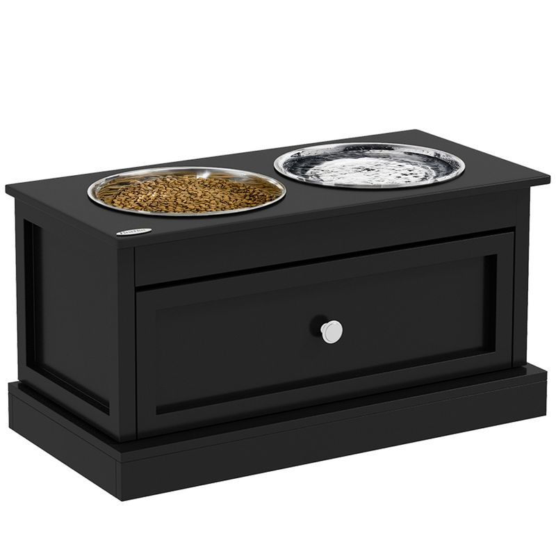 Black Elevated Dog Bowls with Storage Drawer and Stainless Steel Bowls