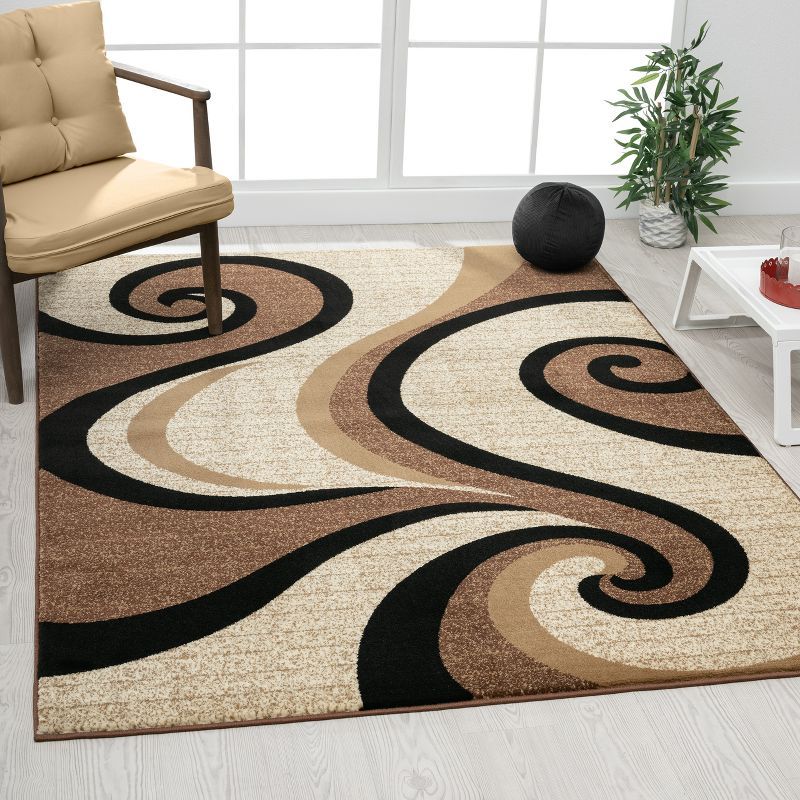 Beige and Brown Swirl Pattern Rectangular Synthetic Area Rug 5' x 7'