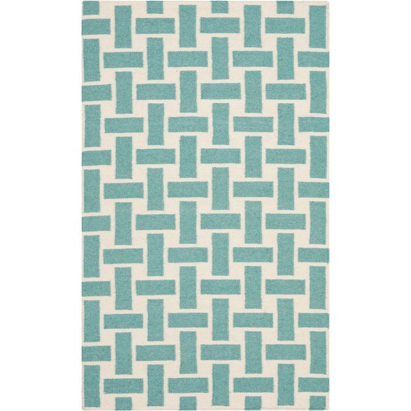 Handwoven Turquoise & Ivory Geometric Wool Area Rug, 3' x 5'