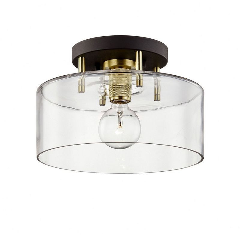 Bronze and Brass Drum Shade Glass Semi-Flush Mount Light
