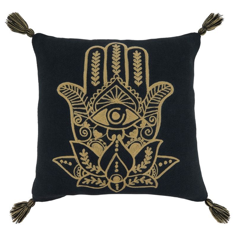 Black Cotton Hamsa Hand Embroidered Square Pillow with Tassels