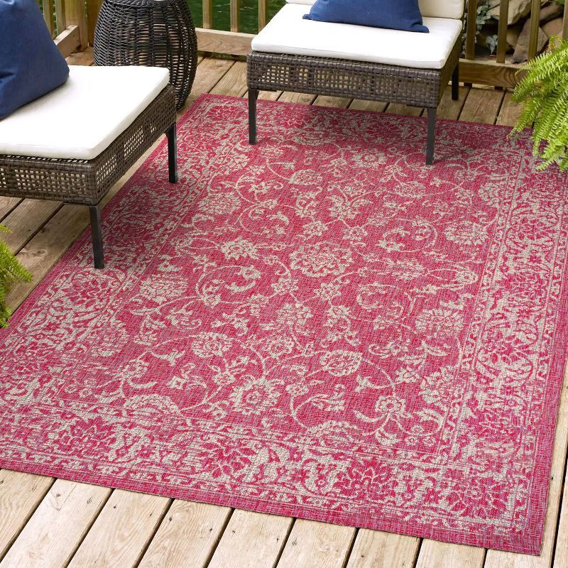 9' x 12' Fuchsia and Light Gray Floral Synthetic Area Rug
