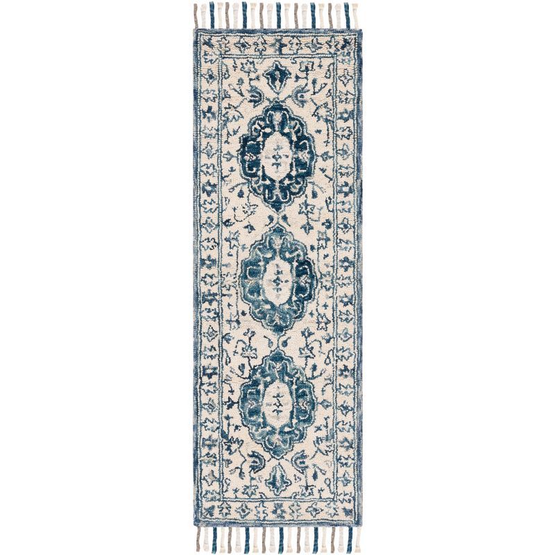 Handmade Ivory and Blue Wool Cotton Tufted Runner Rug