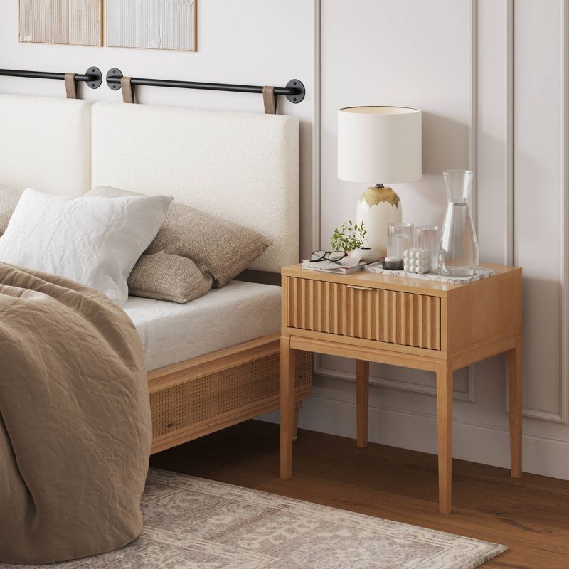 Natural Brown Wood Fluted Drawer Side Table with Brass Handle