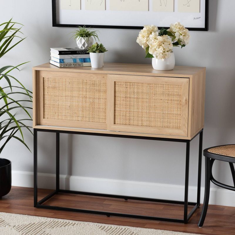 Amelia 42.9" Natural Brown Wood and Black Metal Rattan Sideboard