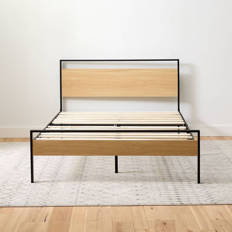 King Natural Wood and Upholstered Platform Bed with Headboard