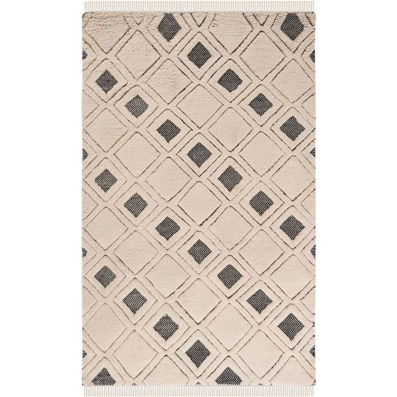 Ivory and Black Hand-Knotted Wool Geometric Area Rug