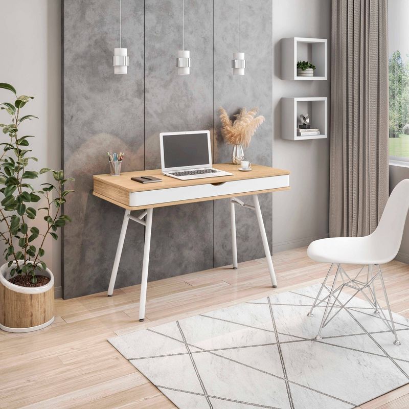 Pine and White Mid-Century Modern Desk with Multi-Storage