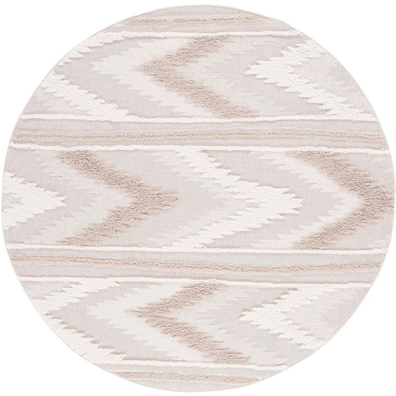 Ivory Geometric Chevron 6'7" Round Area Rug in Synthetic Weave