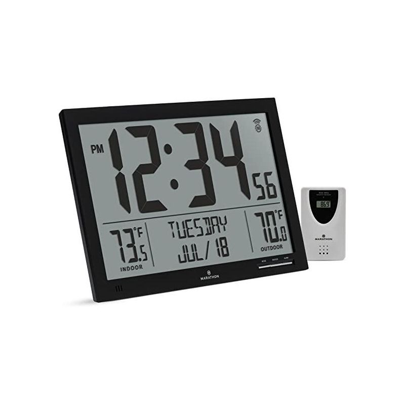 Marathon Black Atomic Digital Clock with Indoor/Outdoor Temperature