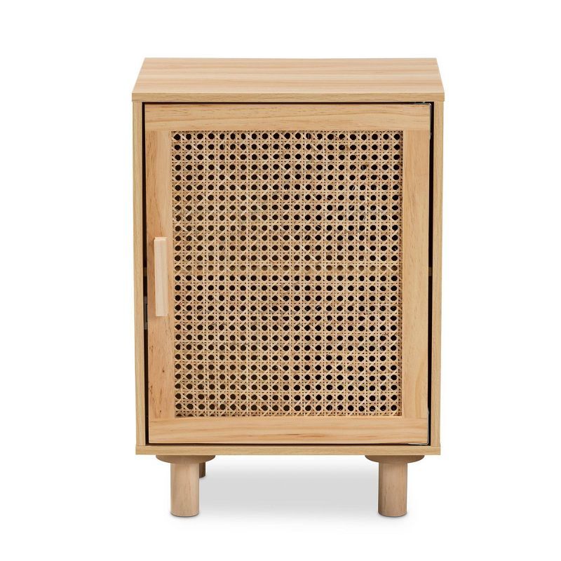 Mid-Century Modern Natural Brown Pine & MDF End Table with Rattan Door