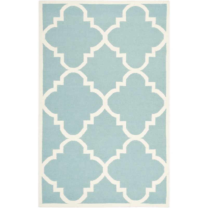 Ivory and Light Blue Geometric Wool Area Rug, 6' x 9'