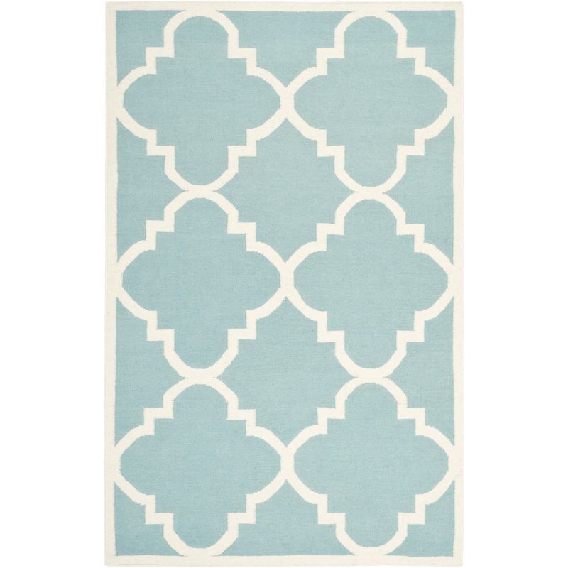 Ivory and Light Blue Geometric Wool Area Rug, 6' x 9'