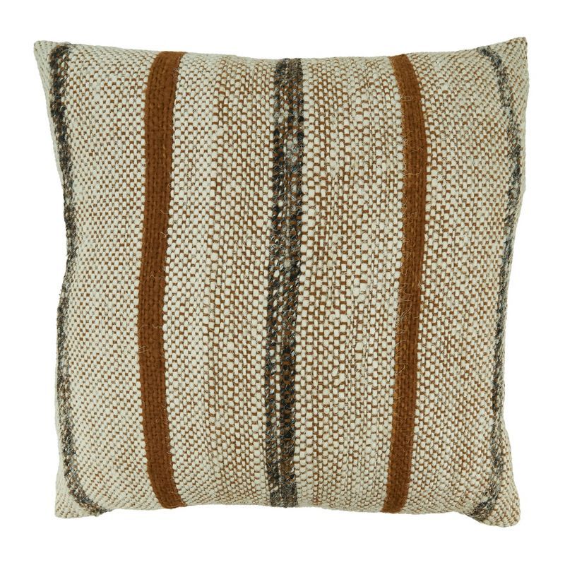 Rust and Beige Striped Cotton Throw Pillow with Fringed Edges