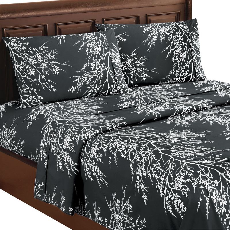 Black Floral Polyester Full/Double Flannel Sheet Set