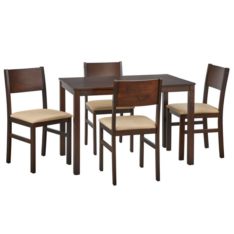 Espresso Rubberwood 5-Piece Dining Set with Beige Upholstery