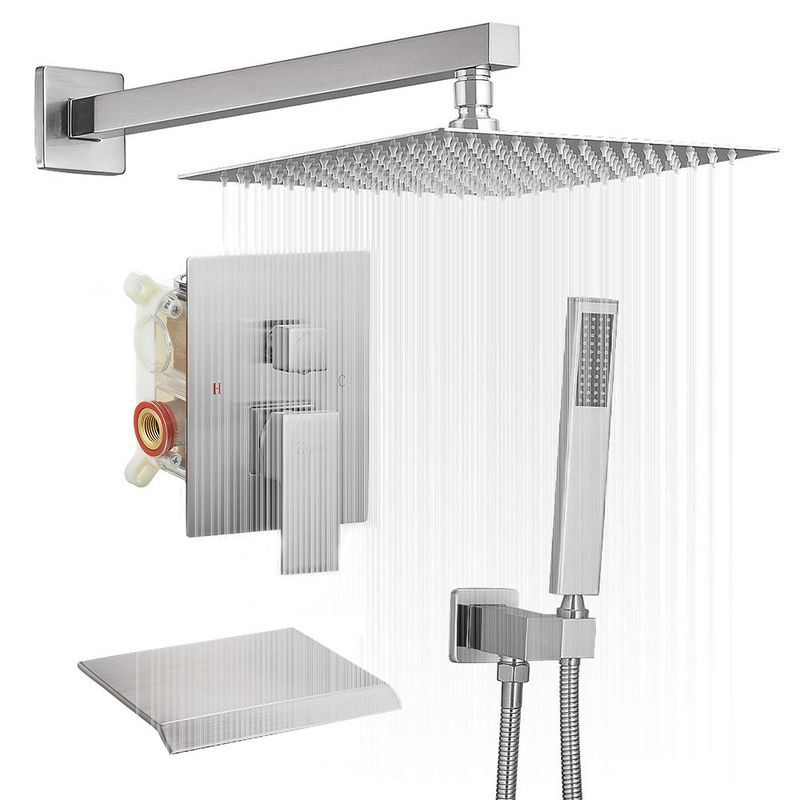 Brushed Nickel 12-Inch Square Rain Shower System with Handheld and Tub Spout