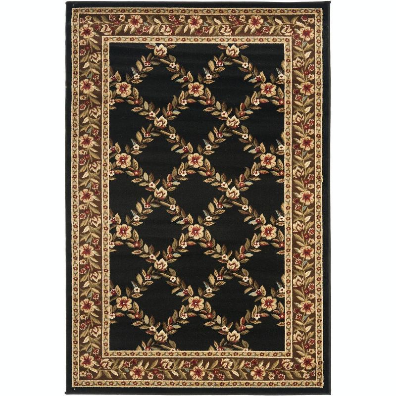 Black and Brown Floral Border 4' x 6' Synthetic Area Rug