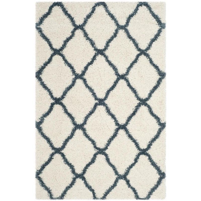 Ivory and Slate Blue Hand-knotted Round Shag Rug