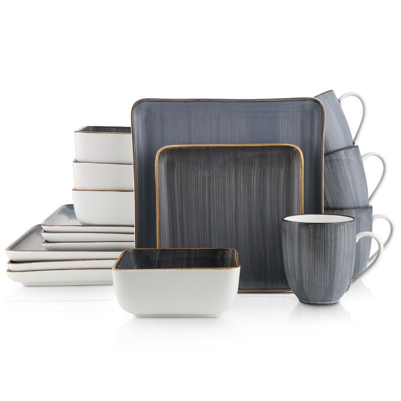 Gray Square Porcelain 16-Piece Dinnerware Set with Trim