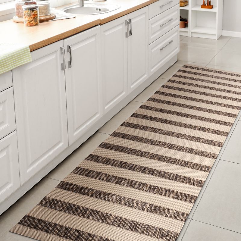 Reversible Beige and Brown Stripe Synthetic Area Rug